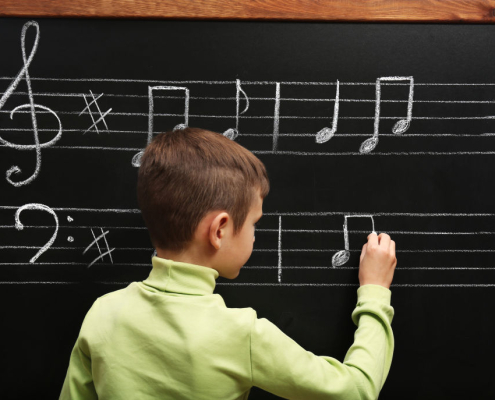 bow drawing notes on the chalkboard